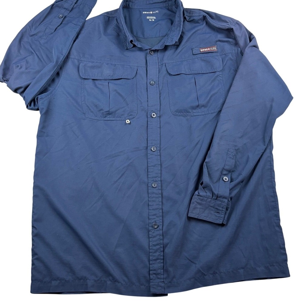 Swiss Alps Mens XL Fishing Shirt Navy Blue Long Sleeve Ripstop Hiking Outdoor